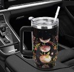 Rcvlauf 40 oz Tumbler with Handle and Straw Gothic Tumbler Leak Proof Insulated Cup 40 oz Gothic Flower Moon Coffee Travel Mug Witchy Decor Stuff Goth Gifts for Women