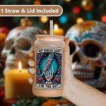 LEADO Tarot Card Skeleton Hand Cup, Funny Halloween Skull Tumbler, 16 oz Frosted Coffee Glass Cups with Lids Straws - Witchy Gifts for Women, Sarcastic Birthday, Christmas Gifts for Friend Mom