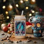 LEADO Tarot Card Skeleton Hand Cup, Funny Halloween Skull Tumbler, 16 oz Frosted Coffee Glass Cups with Lids Straws - Witchy Gifts for Women, Sarcastic Birthday, Christmas Gifts for Friend Mom