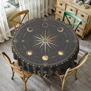 JanJCurt Moon Phase Table Cloth, Gold Galaxy Sun Moon Mystic Celestial Tarot Table Cloths for Kitchen BBQ Table Cloths 36x36inch