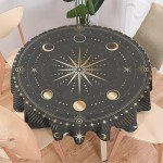 JanJCurt Moon Phase Table Cloth, Gold Galaxy Sun Moon Mystic Celestial Tarot Table Cloths for Kitchen BBQ Table Cloths 36x36inch