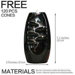 INONE Ceramic Incense Burner with 120 Cones, Waterfall Backflow Incense Holder, Aromatherapy Ornament, Zen Decor, Home Decor, Room Decor (Black)