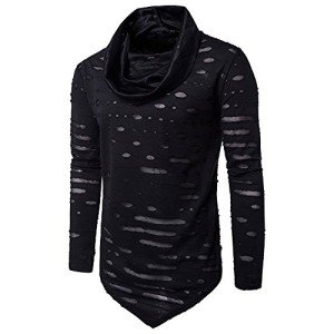 COTTORY Men's Pure Colour Hipster Hiphop Holes Design Hem Heaps Collar Long Sleeve T-Shirt Black Large