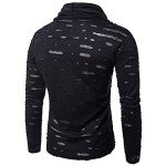 COTTORY Men's Pure Colour Hipster Hiphop Holes Design Hem Heaps Collar Long Sleeve T-Shirt Black Large