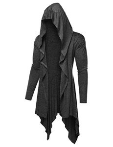 COOFANDY Men's Long Hooded Cardigan Ruffle Shawl Collar Open Front Lightweight Drape Cape Overcoat with Pockets