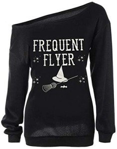 LYXIOF Women Halloween Off Shoulder Sweatshirt Slouchy Witch Shirt Long Sleeve Pullover Tops Black C L