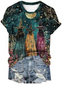 Halloween Shirts for Women Witches Gather Party Tshirt Halloween Witches Graphic Tees Witches Full Moon Art Print Shirt(Green,L)