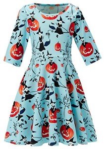Little Girls Black Witch Bat Frocks 6 7 8 Years Old Floral Printed Halloween Orange Pumpkin Teal Green Fall Winter Twirly 3/4 Sleeves Cami Dresses for Small Kids Holiday Family Celebration Wearing