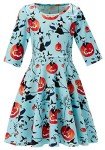 Little Girls Black Witch Bat Frocks 6 7 8 Years Old Floral Printed Halloween Orange Pumpkin Teal Green Fall Winter Twirly 3/4 Sleeves Cami Dresses for Small Kids Holiday Family Celebration Wearing