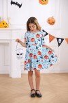 Little Girls Black Witch Bat Frocks 6 7 8 Years Old Floral Printed Halloween Orange Pumpkin Teal Green Fall Winter Twirly 3/4 Sleeves Cami Dresses for Small Kids Holiday Family Celebration Wearing