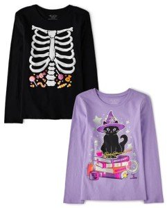 The Children's Place Girls' All Holidays Long Sleeve Graphic T-Shirts,Multipacks, Skeleton Ribcage/Cat Books 2-Pack