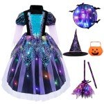 Meland Witch Costume for Girls - Light Up Halloween Costume for Girls Dress Up, Halloween Costume for Girls Age 4-11 Year Old