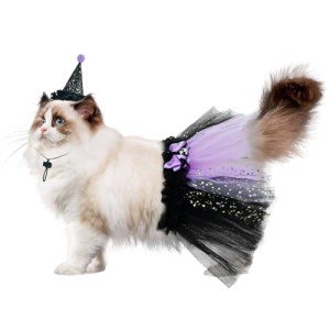 ShuRung Pet Halloween Witch Costume for Cat Kitten Witch's Hat & Black Tutu Skirt Cat Bandana Purple Wizard Cosplay Outfits Small Pet Halloween Costume for Puppies Cats L