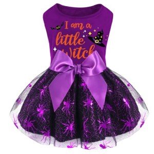 XPUDAC Halloween Dog Dress Witch Tulle Dress Holiday Dog Clothes for Small Dogs Girl, Spider Pet Costume Cat Apparel, Purple-XXS
