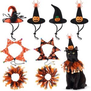 Abbylike 8 Pcs Cat Witch Halloween Costume Witch Hat and Tutu Collar with Bells for Cat Halloween Witch Pet Outfit Kitten Clothing for Small Puppy Halloween Party Pet Cosplay