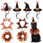 Abbylike 8 Pcs Cat Witch Halloween Costume Witch Hat and Tutu Collar with Bells for Cat Halloween Witch Pet Outfit Kitten Clothing for Small Puppy Halloween Party Pet Cosplay