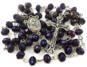 Nazareth Store Purple Crystallized Beads Rosary Handamade Prayer Necklace with Madonna Holy Soil Centerpiece Medal and Silver Jesus Cross Crucifix