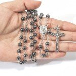 Hematite Rosary Black Stone Beads Necklace with Jerusalem Holy Soil & Cross