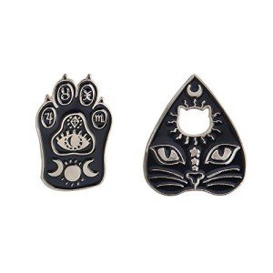 2 Pcs/Set Gothic Black Cat Pet Paw Brooch Enamel Witch Magic Cat Mystical Footprints Triple Moon Star Goddess Brooches Pin Sets Badges for Women Jewelry (Silver)
