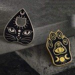 2 Pcs/Set Gothic Black Cat Pet Paw Brooch Enamel Witch Magic Cat Mystical Footprints Triple Moon Star Goddess Brooches Pin Sets Badges for Women Jewelry (Silver)
