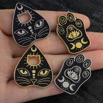 2 Pcs/Set Gothic Black Cat Pet Paw Brooch Enamel Witch Magic Cat Mystical Footprints Triple Moon Star Goddess Brooches Pin Sets Badges for Women Jewelry (Silver)
