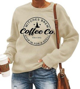 Halloween Witches Brew Sweatshirt Women Funny Coffee Co Letter Print T-Shirt Casual Long Sleeve Witches Pullover Sweater (M, Light Yellow)