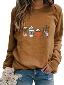 Ykomow Fall Coffee Sweatshirt Womens Cute Pumpkin Spice Pullover Fall Coffee Sweater (Brown, M)