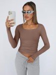 Trendy Queen Womens Long Sleeve Shirts Crop Tops Basic Tight Slim Fit Y2K T Shirts Winter Clothes 2024 Coffee Grey M
