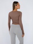 Trendy Queen Womens Long Sleeve Shirts Crop Tops Basic Tight Slim Fit Y2K T Shirts Winter Clothes 2024 Coffee Grey M