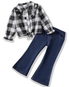 Renotemy Girls Clothes Size 6 Kids Clothes Girls Fall Winter Outfits Girls Flannel Coffee Plaid Shirt 6-7 Year Old Girl Clothes Size 7 Girls Clothes Little Girls Outfits Button Down Tie Front Shirt