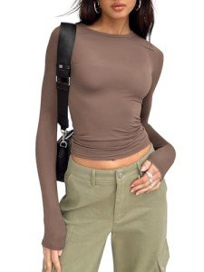 Trendy Queen Womens Long Sleeve Shirts Basic Crop Tops Tight Slim Fit Cute Teen Girls Fall Winter Y2k Clothes Coffee Grey XL