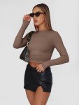 Trendy Queen Womens Long Sleeve Shirts Basic Crop Tops Tight Slim Fit Cute Teen Girls Fall Winter Y2k Clothes Coffee Grey XL