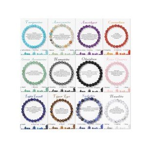 CASDAN 12Pcs Crystal Bracelets for Women Men 8mm Round Stone Beaded Bracelet Semi-Precious Gemstones Bracelet Energy stone Stretch Bracelet Jewelry Gifts