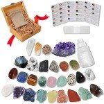 30 PCS Crystals and Stones Set, Natural Raw Healing Crystals and Tumbled Chakra Stones, Premium Protection Crystals Gift Kit Display in Wooden Box with Info Guide