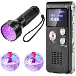 Dunzy 4 Pcs Ghost Hunting Equipment Kit Includes 1 Pocket Digital Voice Recorder 2 LED Light Up Pet Cat Ball 1 Black UV Flashlight, 8 GB (Stylish)(Classic)
