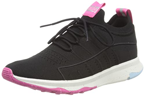 Women's Knit Sports Sneakers with Lace-Up Closure - Black Mix
