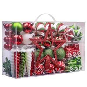 Valery Madelyn Christmas Ornaments Set, 100ct Red Green White Shatterproof Christmas Tree Decorations Variety Ball Ornaments Bulk, Whimsical Hanging Ornaments for Xmas Trees Holiday Party Decor
