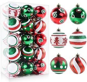 2.36’’ Christmas Balls Ornaments - 30PCS Plastic Christmas Tree Ornaments Balls, 2024 Christmas Ornaments, White Green and Red Hanging Decorations, Shatterproof Ornaments for Christmas