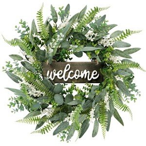 Sggvecsy Green Artificial Eucalyptus Wreath with Welcome Sign 20in Mixed White Berries Spring Summer Wreath for Front Door Wall Window Farmhouse Festival Porch Patio Garden Decor