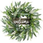Sggvecsy Green Artificial Eucalyptus Wreath with Welcome Sign 20in Mixed White Berries Spring Summer Wreath for Front Door Wall Window Farmhouse Festival Porch Patio Garden Decor