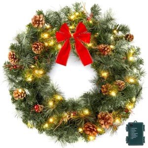 24 Inch Pre-Lit Artificial Christmas Wreath for Front Door, IP44 Battery Operated 50 LED Christmas Wreaths for Door Wall Window, with Pinecones Pine Needles Branches Red Berry Mini Bow, Needs Assembly