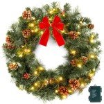 24 Inch Pre-Lit Artificial Christmas Wreath for Front Door, IP44 Battery Operated 50 LED Christmas Wreaths for Door Wall Window, with Pinecones Pine Needles Branches Red Berry Mini Bow, Needs Assembly