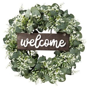 Sggvecsy 16in Artificial Eucalyptus Wreath with Welcome Sign Green Eucalyptus Leaf Wreath Greenery Wreath Round Leaves Wreath for Front Door Wall Window Festival Farmhouse Porch Patio Garden Decor