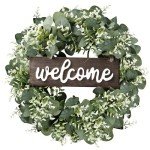 Sggvecsy 16in Artificial Eucalyptus Wreath with Welcome Sign Green Eucalyptus Leaf Wreath Greenery Wreath Round Leaves Wreath for Front Door Wall Window Festival Farmhouse Porch Patio Garden Decor