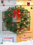 24 Inch Pre-Lit Artificial Christmas Wreath for Front Door, IP44 Battery Operated 50 LED Christmas Wreaths for Door Wall Window, with Pinecones Pine Needles Branches Red Berry Mini Bow, Needs Assembly