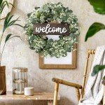 Sggvecsy 16in Artificial Eucalyptus Wreath with Welcome Sign Green Eucalyptus Leaf Wreath Greenery Wreath Round Leaves Wreath for Front Door Wall Window Festival Farmhouse Porch Patio Garden Decor