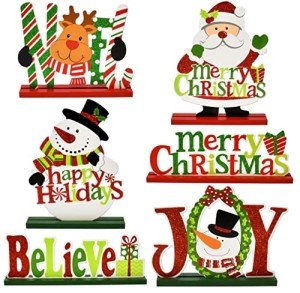 Gift Boutique 6 Christmas Table Signs Decorations Wooden Centerpiece Tabletop Snowman Wood Desktop Decor for Kitchen Home Xmas Holiday Party Supplies
