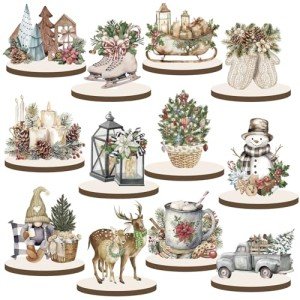 Yousoontic 12 Pcs Wooden Christmas Table Decorations Winter Santa Snowman Elk Gnome Snowflake Xmas Tree Wooden Signs Farmhouse Tabletop Centerpieces Home Decor for Winter Holiday Party Dinner (Rustic)