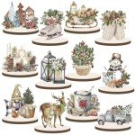 Yousoontic 12 Pcs Wooden Christmas Table Decorations Winter Santa Snowman Elk Gnome Snowflake Xmas Tree Wooden Signs Farmhouse Tabletop Centerpieces Home Decor for Winter Holiday Party Dinner (Rustic)
