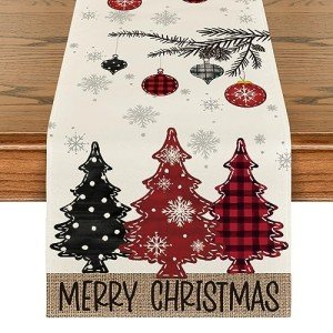 Artoid Mode Red Pine Trees Merry Christmas Table Runner, Winter Xmas Holiday Kitchen Dining Table Decoration for Home Party Decor 13x72 Inch